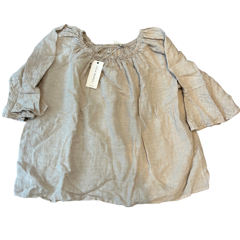 Viola Borghi Light Beige Pure Linen Peasant Blouse with Embroidered Sleeves